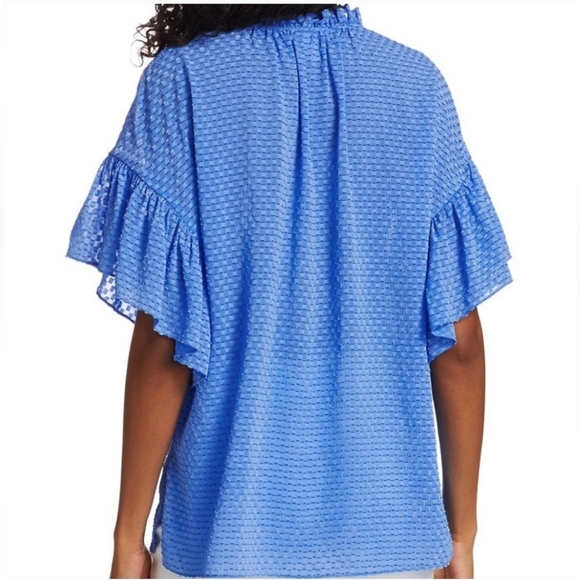 Alice + Olivia Julius Ruffle Peasant Blouse Blue Top Solid  Swiss Dot Ties  XS - Picture 3 of 17